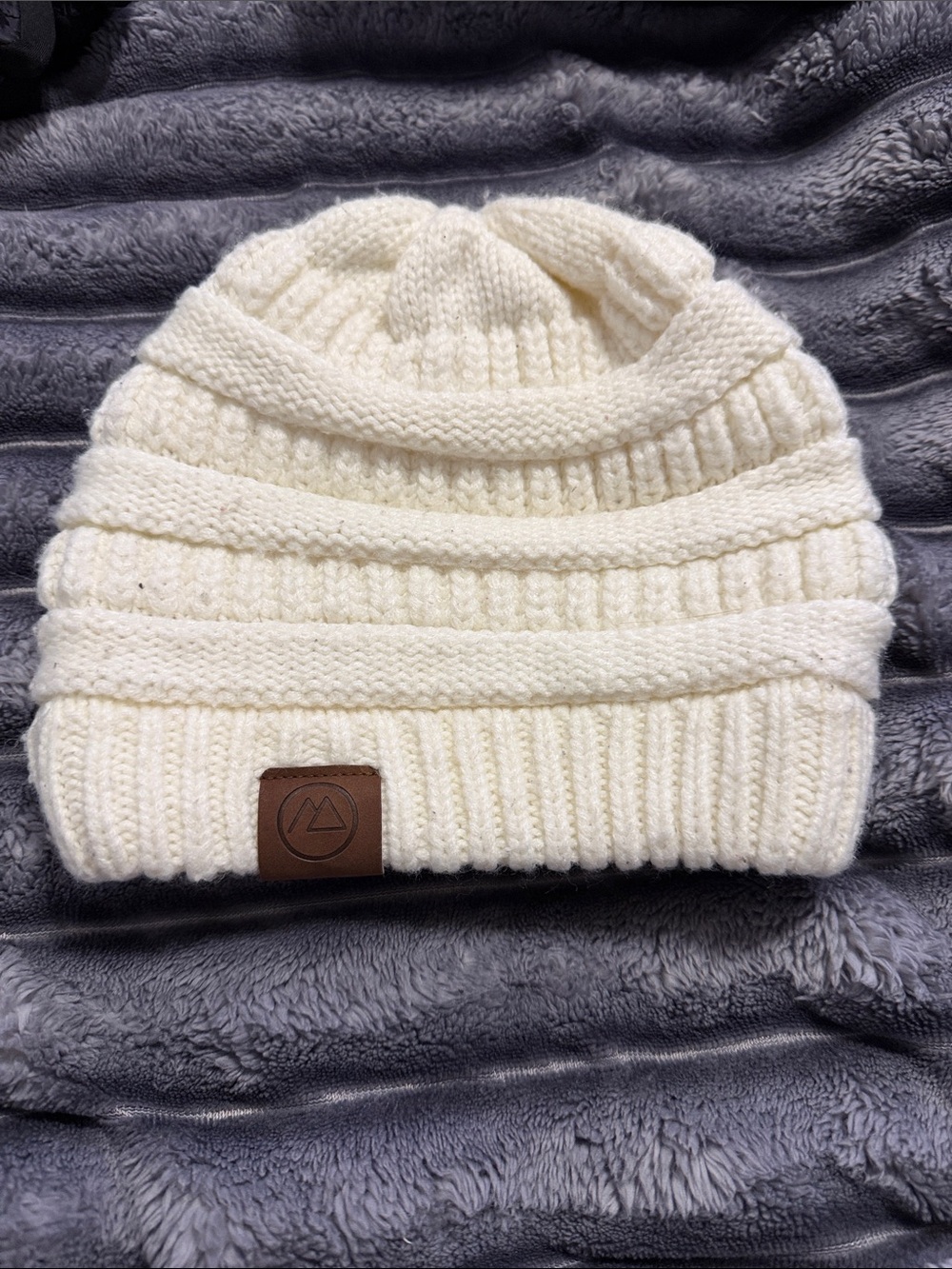 Kids Cream Knit Beanie with Leather Patch